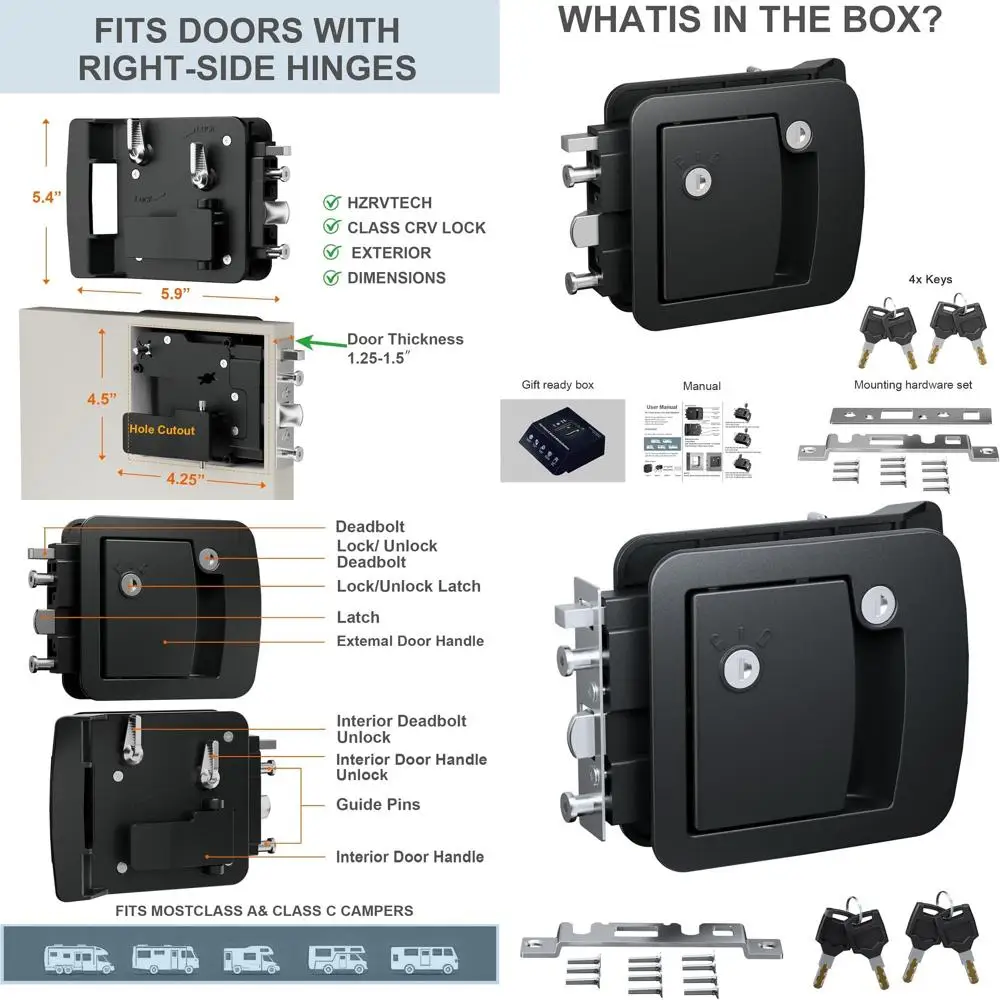 All-Metal Class C RV Door Lock Replacement, Mechanical Camper Door Latch with 4 Keys, Fits 4.25" x 4.50" Lock Hole, Heavy-Duty T
All-Metal Class C RV Door Lock Replacement, Mechanical Camper Door Latch with 4 Keys, Fits 4.25" x 4.50" Lock Hole, Heavy-Duty T