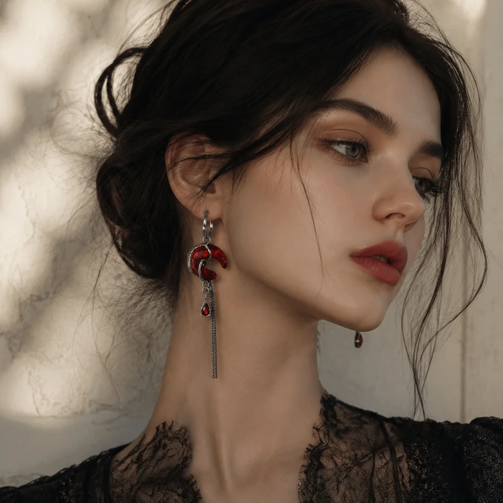 Red Crystal Rhinestone Moon Earrings Tassel Chain Gothic Style Asymmetry Earrings Sweet Cool Jewelry Women Dangle Earrings
Red Crystal Rhinestone Moon Earrings Tassel Chain Gothic Style Asymmetry Earrings Sweet Cool Jewelry Women Dangle Earrings