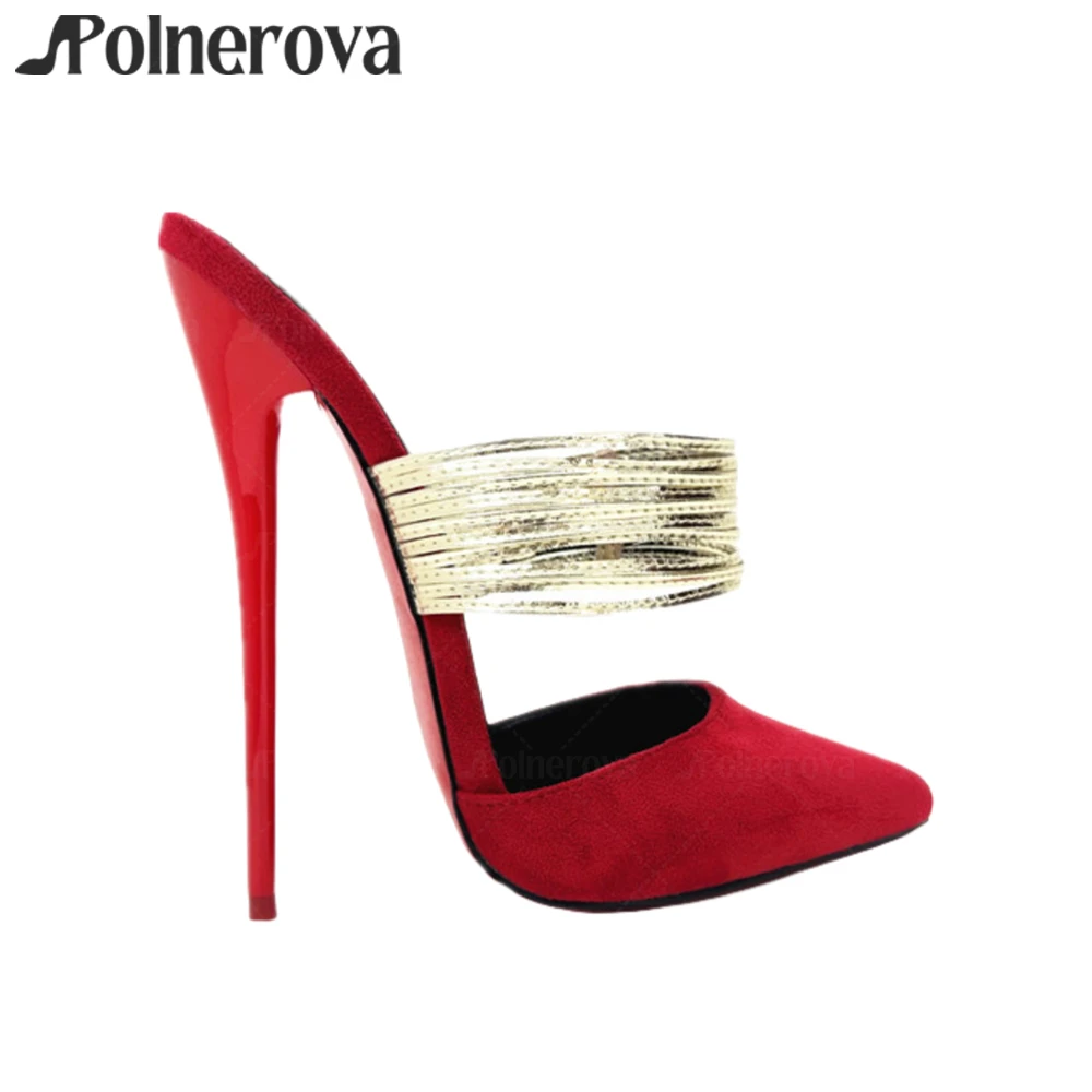 Metallic Strap Pointed Toe Mules 16cm Lacquered Heel Extreme Slippers Elegant Style Suede Slip on High Heeled Slippers for Women
Metallic Strap Pointed Toe Mules 16cm Lacquered Heel Extreme Slippers Elegant Style Suede Slip on High Heeled Slippers for Women