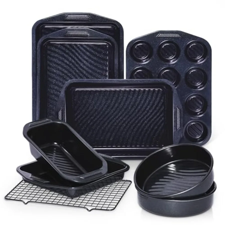 9-Piece Non Stick Bakeware Sets with Wave Texture for Reduced Grease 0.8mm Thick Non Toxic Baking Pans Set Includes Stackable C
9-Piece Non Stick Bakeware Sets with Wave Texture for Reduced Grease 0.8mm Thick Non Toxic Baking Pans Set Includes Stackable C