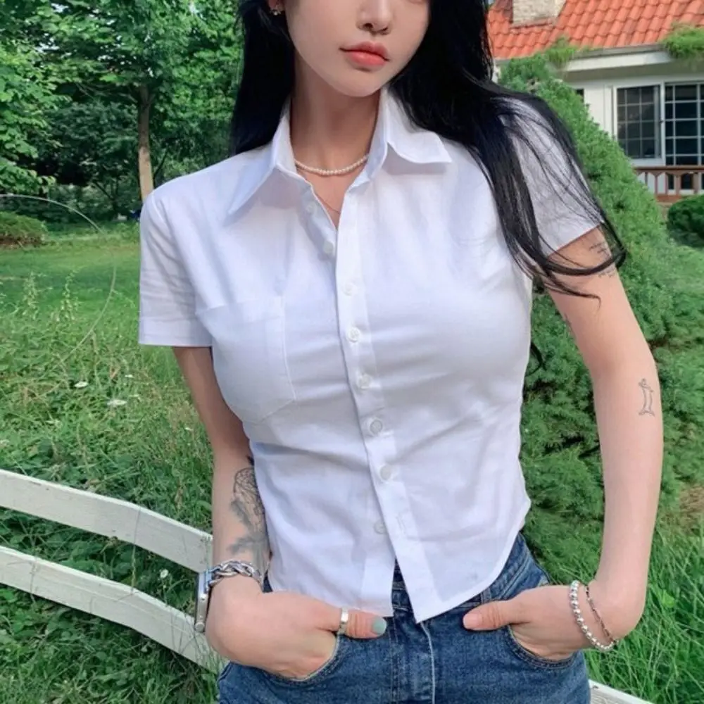 All Match V-neck Short Sleeve Shirts with Pocket Button Up Slim Blouse Women Crop Top Streetwear Sweet Girls Shirts Girls
All Match V-neck Short Sleeve Shirts with Pocket Button Up Slim Blouse Women Crop Top Streetwear Sweet Girls Shirts Girls