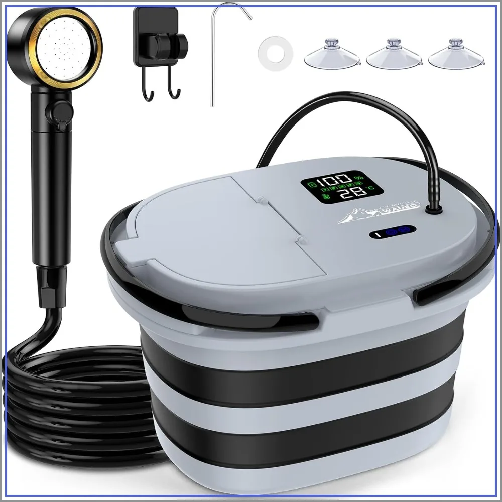 Portable Shower for Camping with 20L Bucket, 13000mAh Rechargeable, Intelligent LED Display, 5 Speeds, IPX8 Waterproof for Hiking Travel
Portable Shower for Camping with 20L Bucket, 13000mAh Rechargeable, Intelligent LED Display, 5 Speeds, IPX8 Waterproof for Hiking Travel