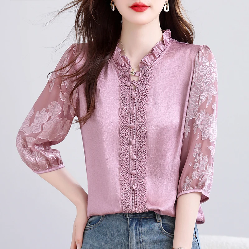 Elegant Fashion Women Patchwork Lace Tops 2026 Summer 3/4 Sleeve Pullovers Blouse Office Lady Jacquard Shirt
Elegant Fashion Women Patchwork Lace Tops 2026 Summer 3/4 Sleeve Pullovers Blouse Office Lady Jacquard Shirt