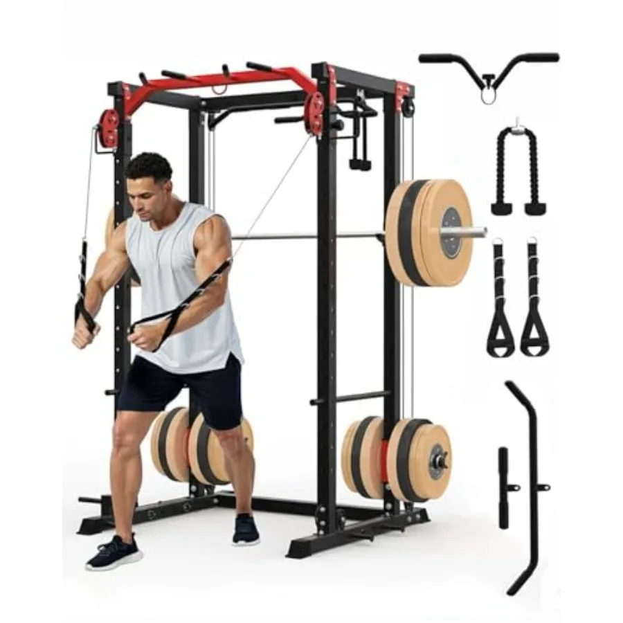 Home gym power cage with cable crossover and LAT pull-down system, steel construction, red black, 2000LBS capacity for strength
Home gym power cage with cable crossover and LAT pull-down system, steel construction, red black, 2000LBS capacity for strength