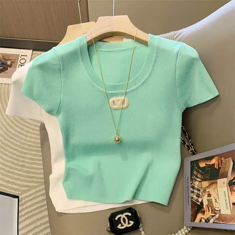 Women's Clothing Chic Short Sleeve Knit Pullover Summer Sexy Fashion Short T-shirt Lady Round Neck Sweet Young Style Top Tees
Women's Clothing Chic Short Sleeve Knit Pullover Summer Sexy Fashion Short T-shirt Lady Round Neck Sweet Young Style Top Tees