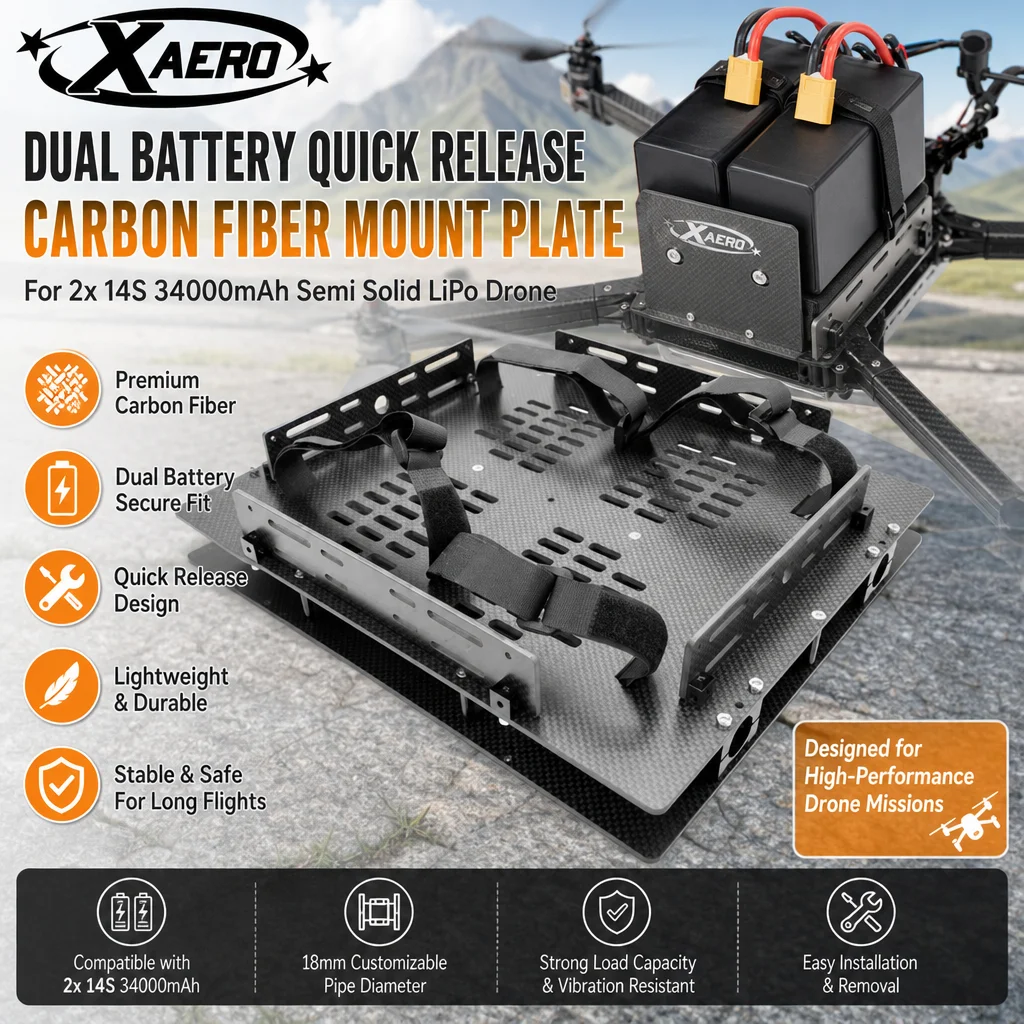 XAERO Dual Battery Quick Release Carbon Fiber Mount Plate for 2x 14S 34000mAh Semi Solid LiPo Drone
XAERO Dual Battery Quick Release Carbon Fiber Mount Plate for 2x 14S 34000mAh Semi Solid LiPo Drone