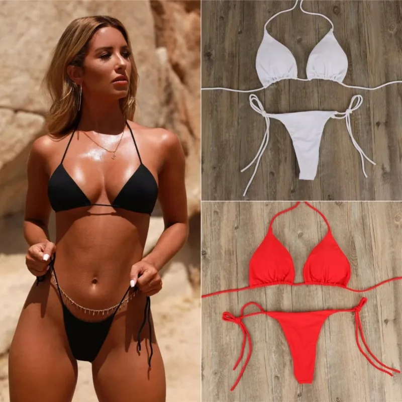 Summer Sexy Halter Triangle Bikini Set Solid Color Three Point Micro Thong Swimsuit Adjustable Tie Side Bathing Beach Swimwear
Summer Sexy Halter Triangle Bikini Set Solid Color Three Point Micro Thong Swimsuit Adjustable Tie Side Bathing Beach Swimwear