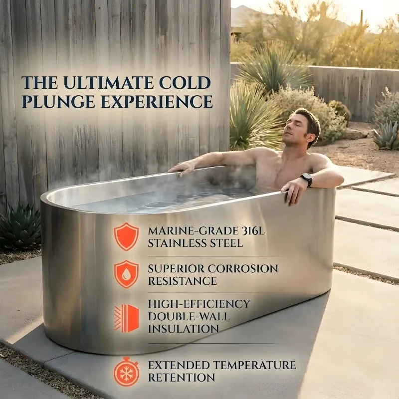 Minimalist luxury stainless steel cold water bathtub and high-end insulated ice bath for modern home gyms and wellness centers.
Minimalist luxury stainless steel cold water bathtub and high-end insulated ice bath for modern home gyms and wellness centers.
