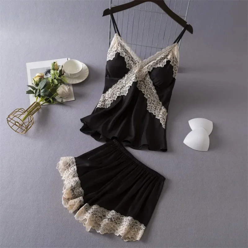 Sexy Sleepwear Lace Lingerie Set for Women Silk Pajama Set Cami and Shorts 2 Pieces Nightwear Satin Home Suit Sleeping Clothing
Sexy Sleepwear Lace Lingerie Set for Women Silk Pajama Set Cami and Shorts 2 Pieces Nightwear Satin Home Suit Sleeping Clothing
