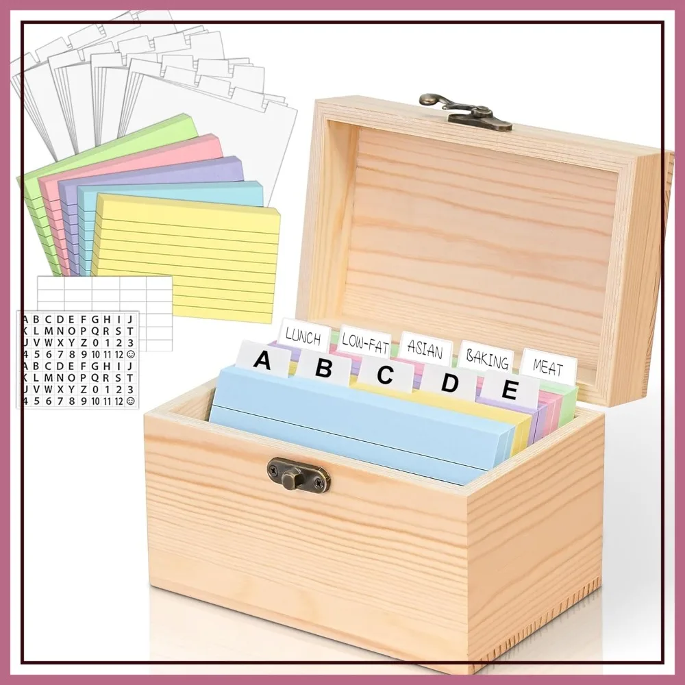 Wooden Recipe Box 3x5 with 100 Cards, 30 Dividers, Stickers, Notecard Holder for Home Office
Wooden Recipe Box 3x5 with 100 Cards, 30 Dividers, Stickers, Notecard Holder for Home Office