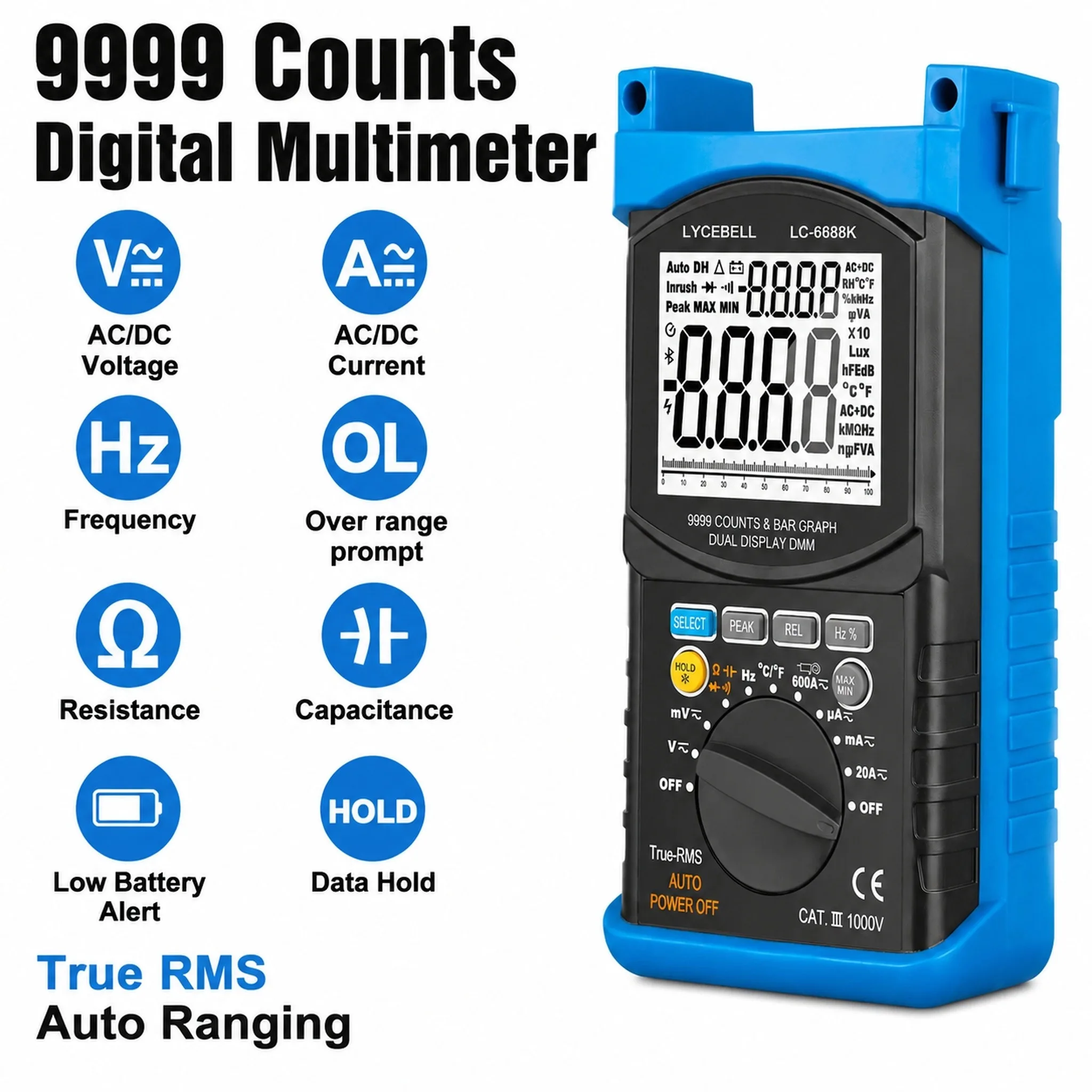 True RMS Multimeter Dual Display 5000V Insulation Resistance Tester Auto Range Portable DC AC Voltage Current Temperature
True RMS Multimeter Dual Display 5000V Insulation Resistance Tester Auto Range Portable DC AC Voltage Current Temperature