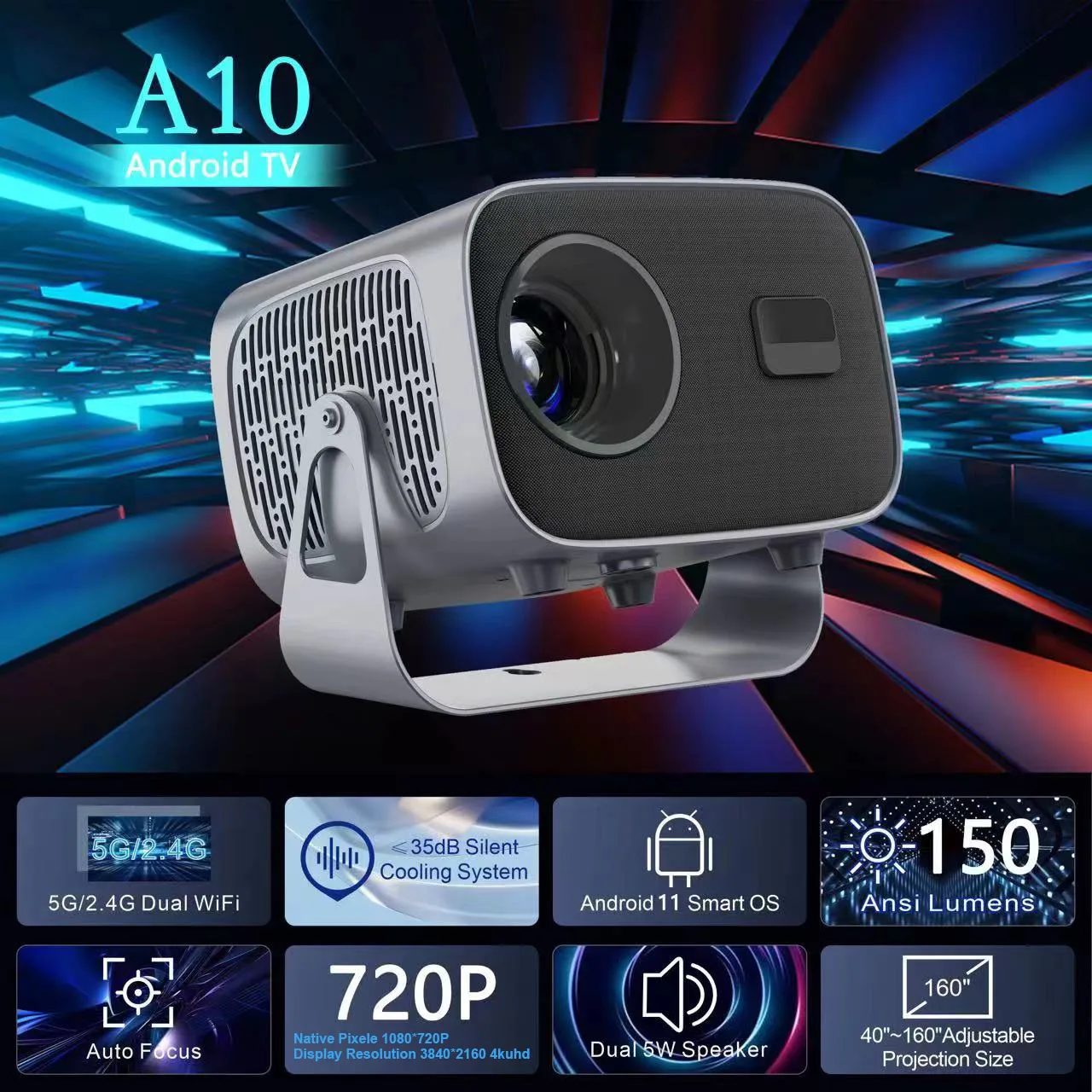A10 Smart Projector 720P HD with Auto Keystone Correction, Dual 2.4G/5G WiFi Bluetooth 5.0, 2+16G 30-150 Inch Home Theater
A10 Smart Projector 720P HD with Auto Keystone Correction, Dual 2.4G/5G WiFi Bluetooth 5.0, 2+16G 30-150 Inch Home Theater