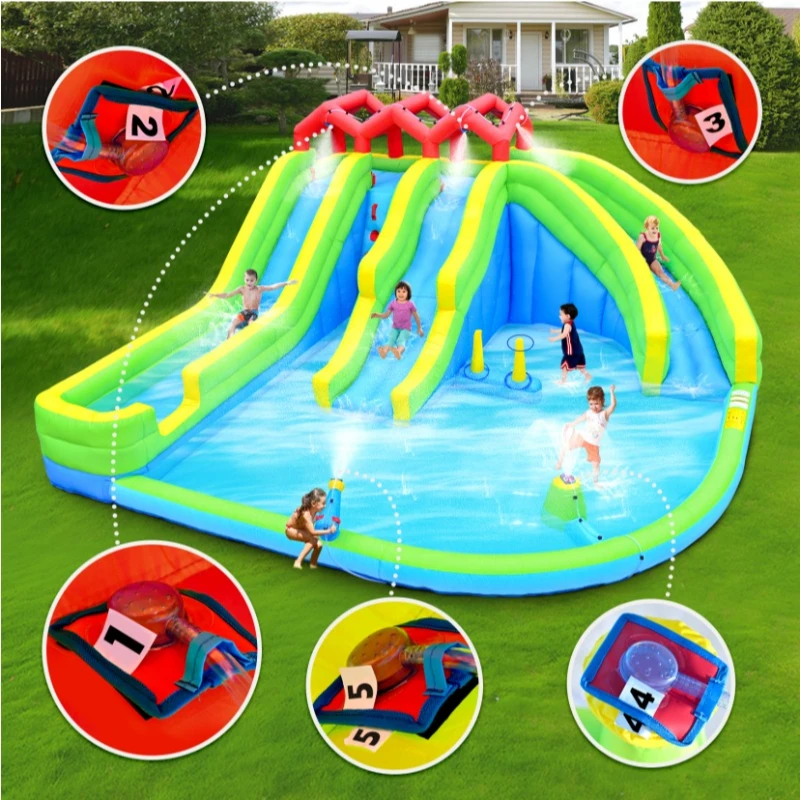 7 in1 Inflatable Water Park Three Slide with Blower Water Gun Sprinkler Fountain Climbing Wall for Children
7 in1 Inflatable Water Park Three Slide with Blower Water Gun Sprinkler Fountain Climbing Wall for Children