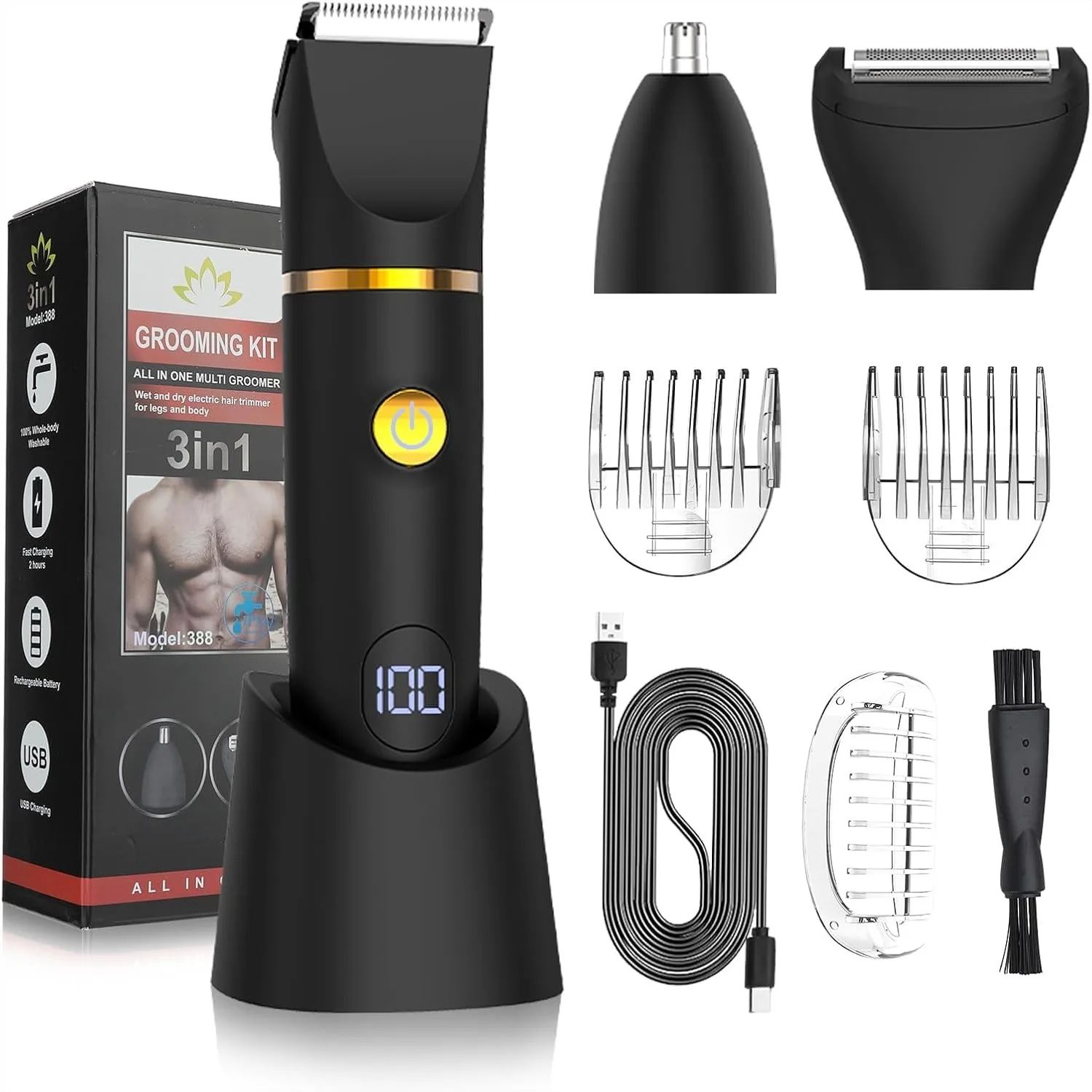 Men's Body Trimmer, 3 in 1 Grooming Kit with LED Display, Waterproof for Nose Hair, Pubic Hair, Chest and Legs
Men's Body Trimmer, 3 in 1 Grooming Kit with LED Display, Waterproof for Nose Hair, Pubic Hair, Chest and Legs