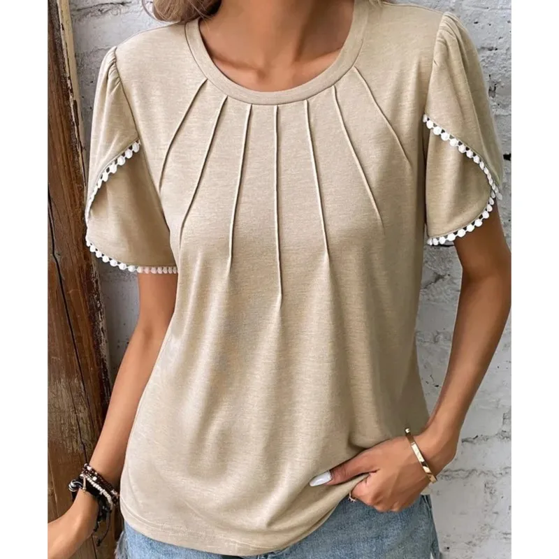 Women Round Neck Solid Color Pleated Short Sleeved Lace Casual T-shirt Causal Beige Blue 2025 Summer Office Lady Tshirt Tops
Women Round Neck Solid Color Pleated Short Sleeved Lace Casual T-shirt Causal Beige Blue 2025 Summer Office Lady Tshirt Tops