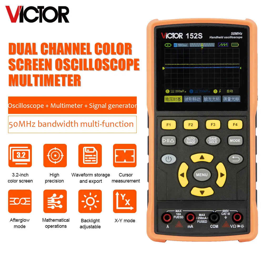 Victor 152S DIgital Oscilloscope 50MHz Dual Channel Oscilloscope Multimeter 3.2" Color Screen Signal Generator Waveform Storage
Victor 152S DIgital Oscilloscope 50MHz Dual Channel Oscilloscope Multimeter 3.2" Color Screen Signal Generator Waveform Storage