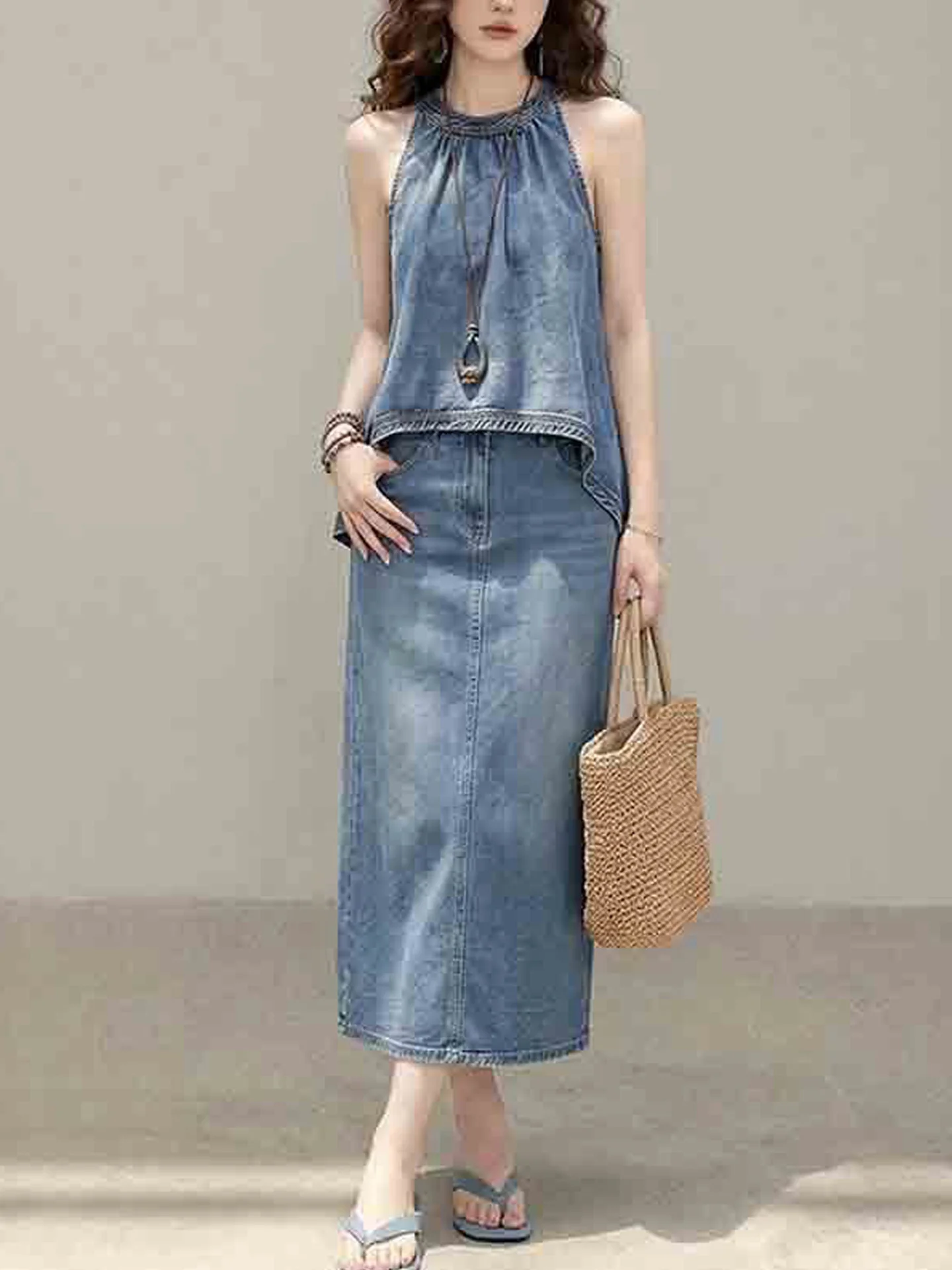 Korean Style High Waist Slim Fit Denim Skirt Neckline Baring Shoulder Vintage Top Set Women Summer New Arrival
Korean Style High Waist Slim Fit Denim Skirt Neckline Baring Shoulder Vintage Top Set Women Summer New Arrival