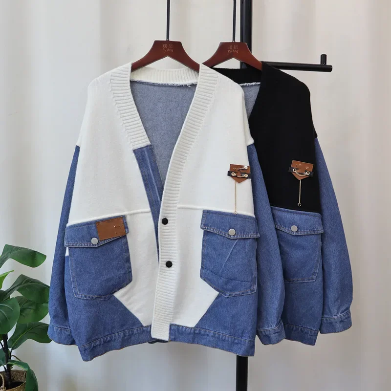 Women Cardigan Denim Patchwork Sweater Coat V Neck Single Breasted Pockets Casual Knitting Jacket 2024 Autumn Winter Knitwear
Women Cardigan Denim Patchwork Sweater Coat V Neck Single Breasted Pockets Casual Knitting Jacket 2024 Autumn Winter Knitwear