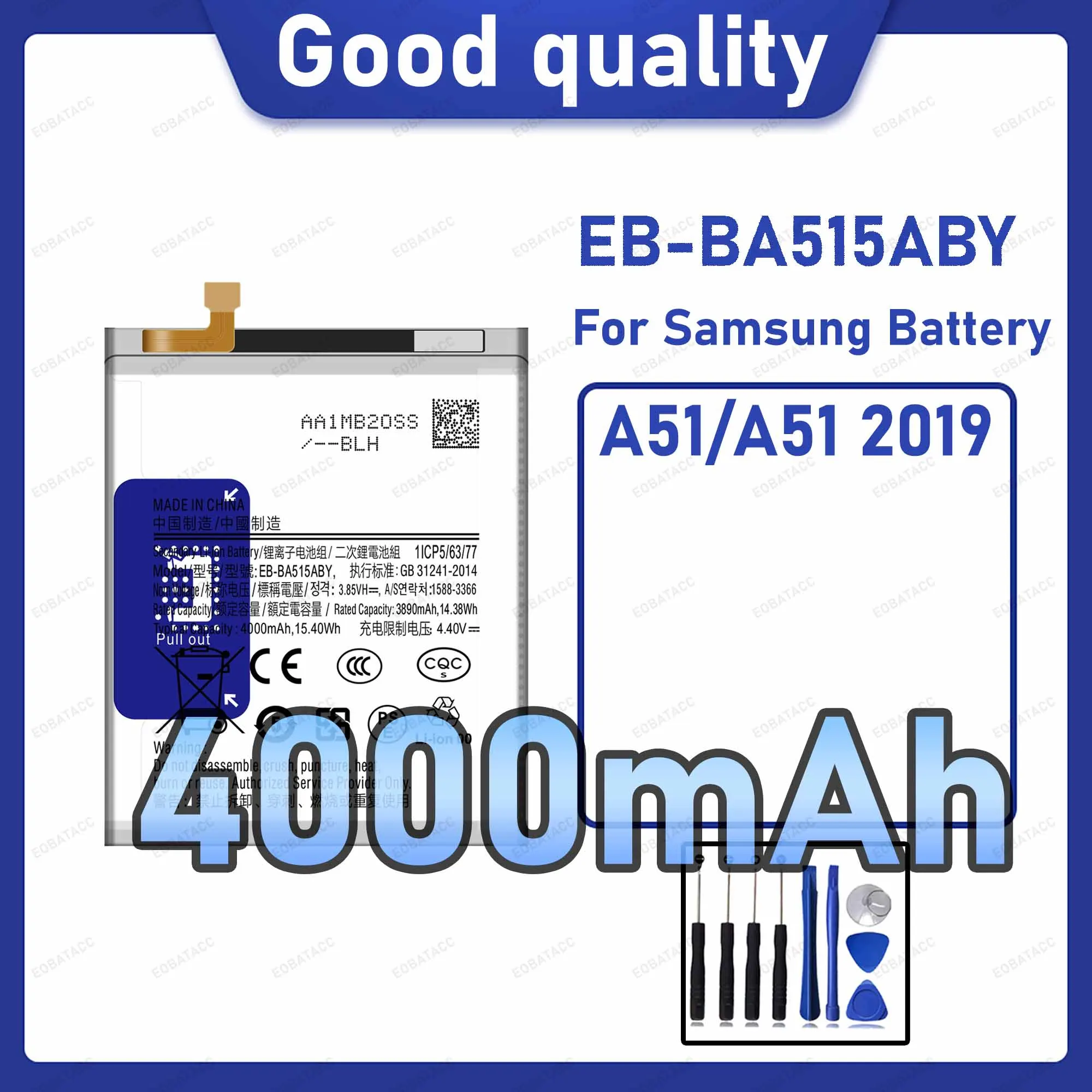 4000mAh EB-BA515ABY Replacement Battery for Samsung Galaxy A51/A51 2019 with Repair Tools Kit
4000mAh EB-BA515ABY Replacement Battery for Samsung Galaxy A51/A51 2019 with Repair Tools Kit