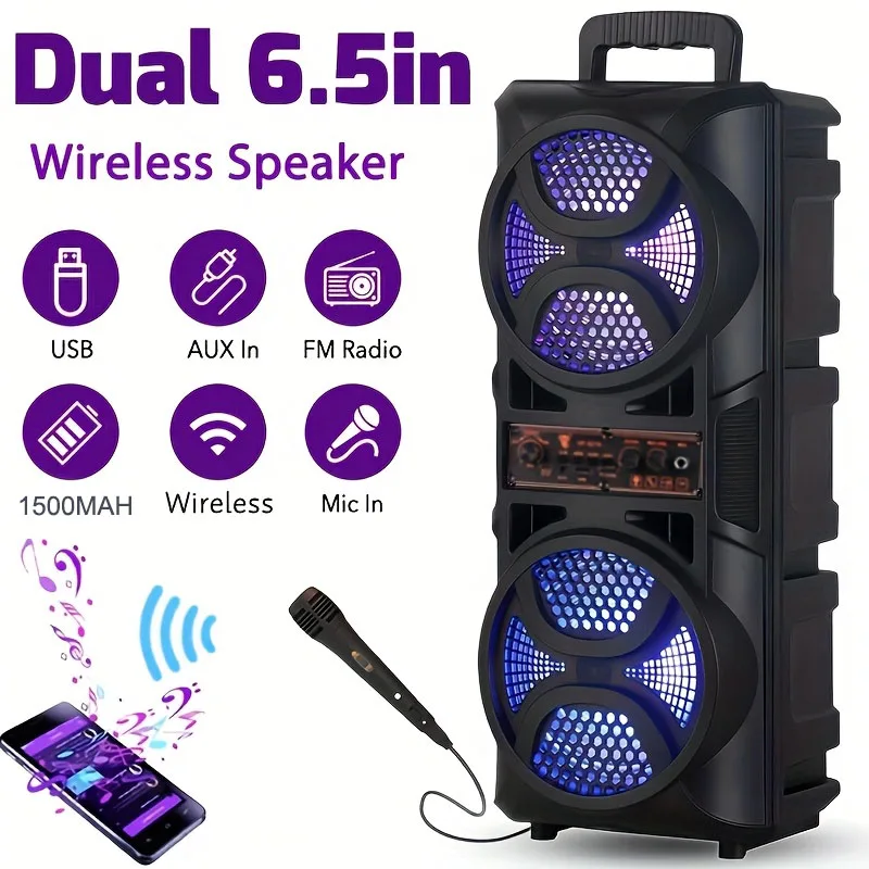 Double 6.5'' Subwoofer Party Heavy Bass Fm Radio Wireless Microphone Rgb Lights Portable Dj Karaoke Tower Speaker Boomboxes
Double 6.5'' Subwoofer Party Heavy Bass Fm Radio Wireless Microphone Rgb Lights Portable Dj Karaoke Tower Speaker Boomboxes
