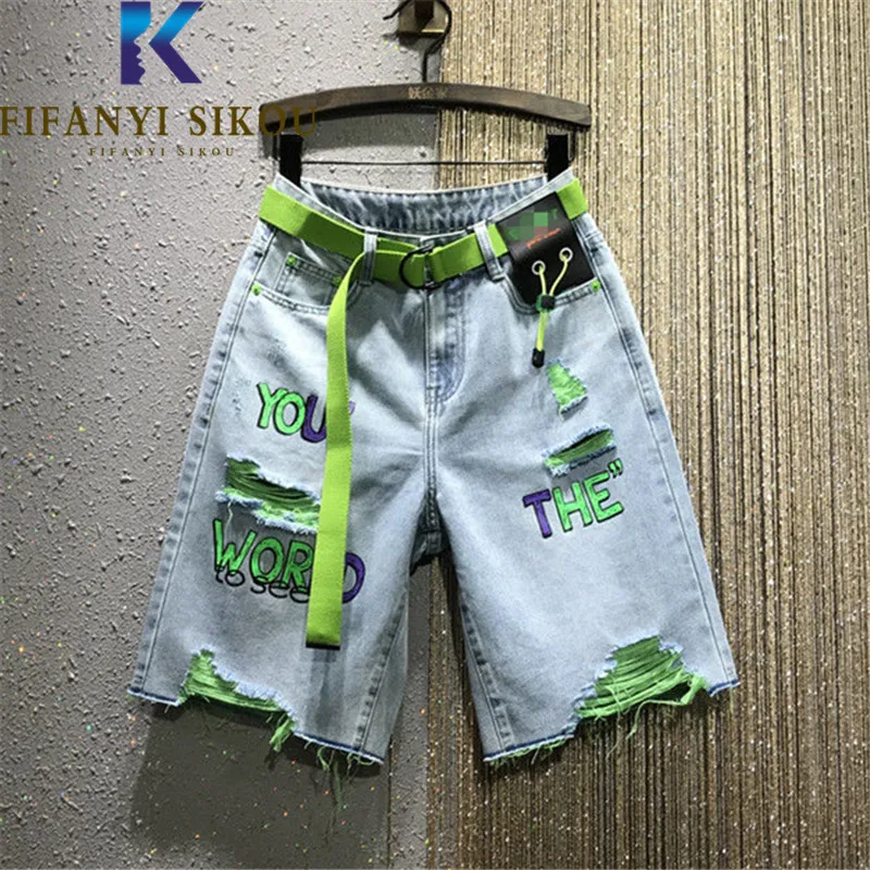 Ripped Jeans Shorts Women Letter Print Fashion Graffiti High Waist Knee Length Short Pants Female Loose Summer Denim Shortsr
Ripped Jeans Shorts Women Letter Print Fashion Graffiti High Waist Knee Length Short Pants Female Loose Summer Denim Shortsr