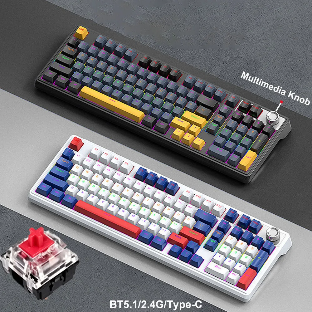Triple Mode BT5.1 2.4G Type-C Wired 98Keys Full RGB Hot Swappable Mechanical Gaming Keyboard 4000mAh Recharge Battery Win Mac PC
Triple Mode BT5.1 2.4G Type-C Wired 98Keys Full RGB Hot Swappable Mechanical Gaming Keyboard 4000mAh Recharge Battery Win Mac PC