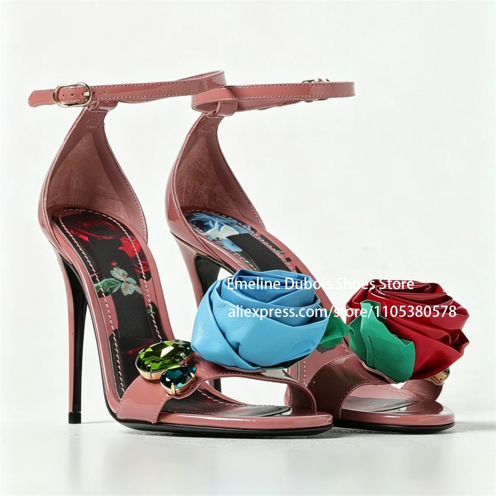 Patent Leather Rose High Heel Sandals Open Toe Ankle Buckle Stiletto Heel Sandals Floral Summer Fashion Dress Shoes for Women
Patent Leather Rose High Heel Sandals Open Toe Ankle Buckle Stiletto Heel Sandals Floral Summer Fashion Dress Shoes for Women