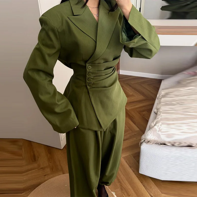 Women's Elegant Olive Green Two Piece Suit Set Notched Lapel Belted Blazer + High Waist Balloon Pants Office Workwear Outfit
Women's Elegant Olive Green Two Piece Suit Set Notched Lapel Belted Blazer + High Waist Balloon Pants Office Workwear Outfit