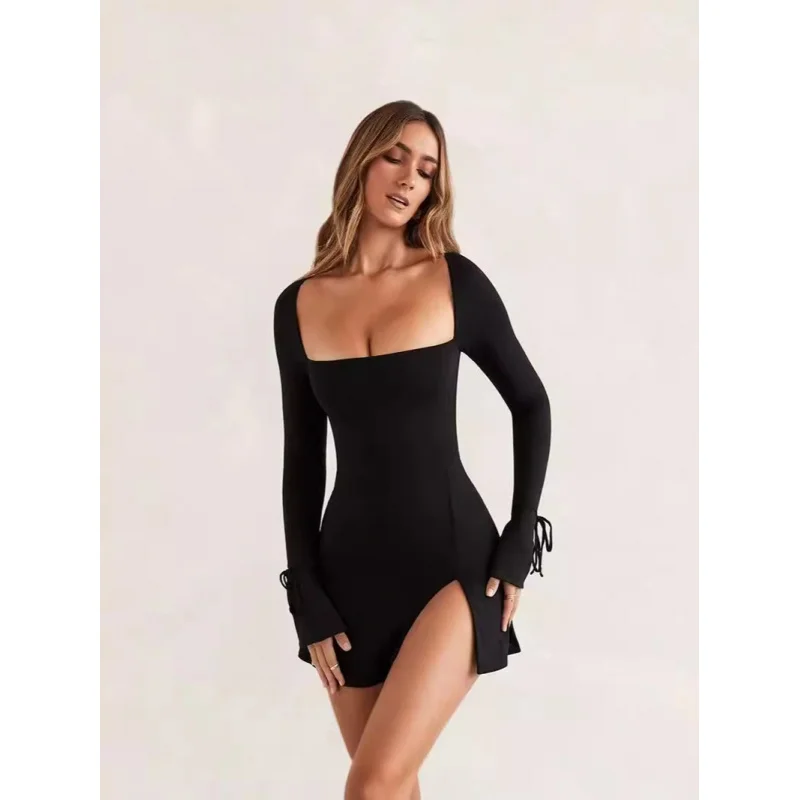 Solid color square neck, flared long sleeves, cropped, high-waisted, casual slit A-line dress
Solid color square neck, flared long sleeves, cropped, high-waisted, casual slit A-line dress