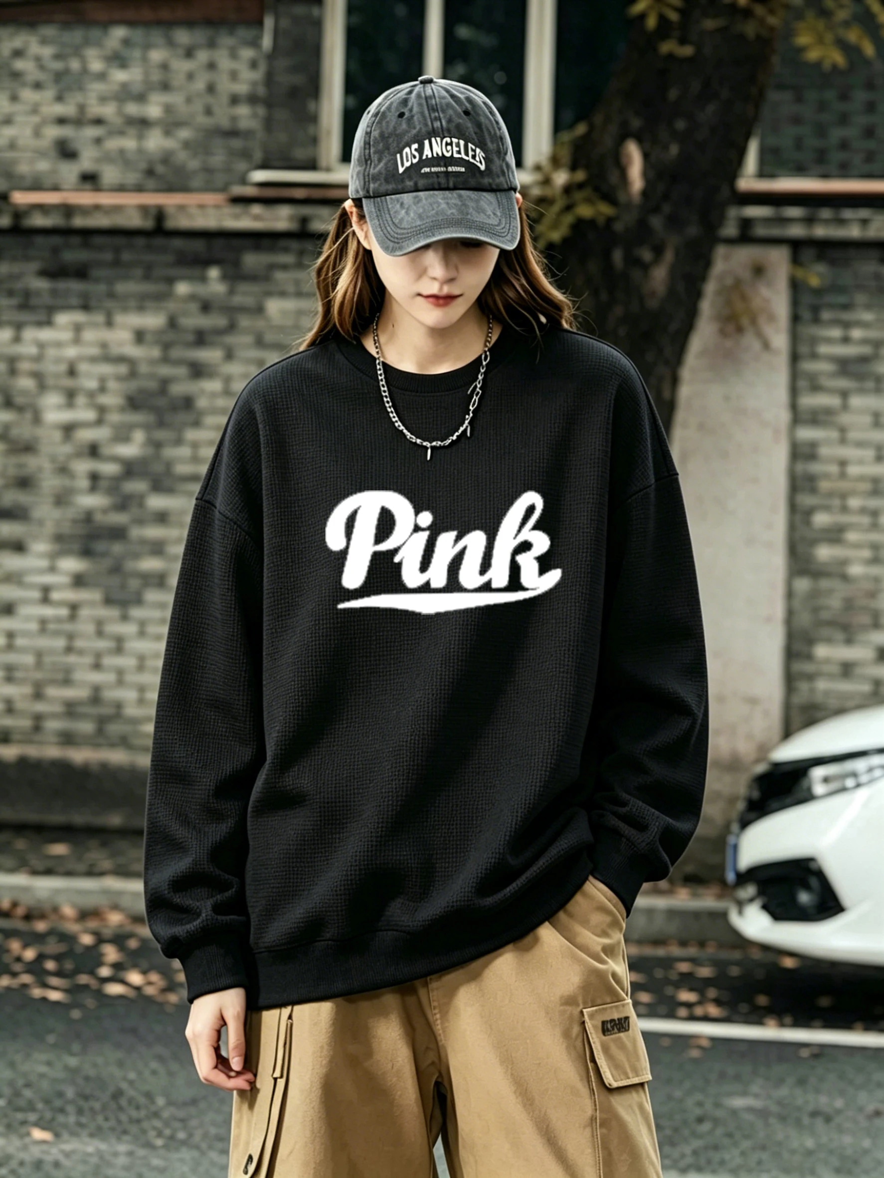 Women's Black Waffle-Knit Sweatshirt with "Pink" Print, Casual Oversized Top for Spring & Fall
Women's Black Waffle-Knit Sweatshirt with "Pink" Print, Casual Oversized Top for Spring & Fall
