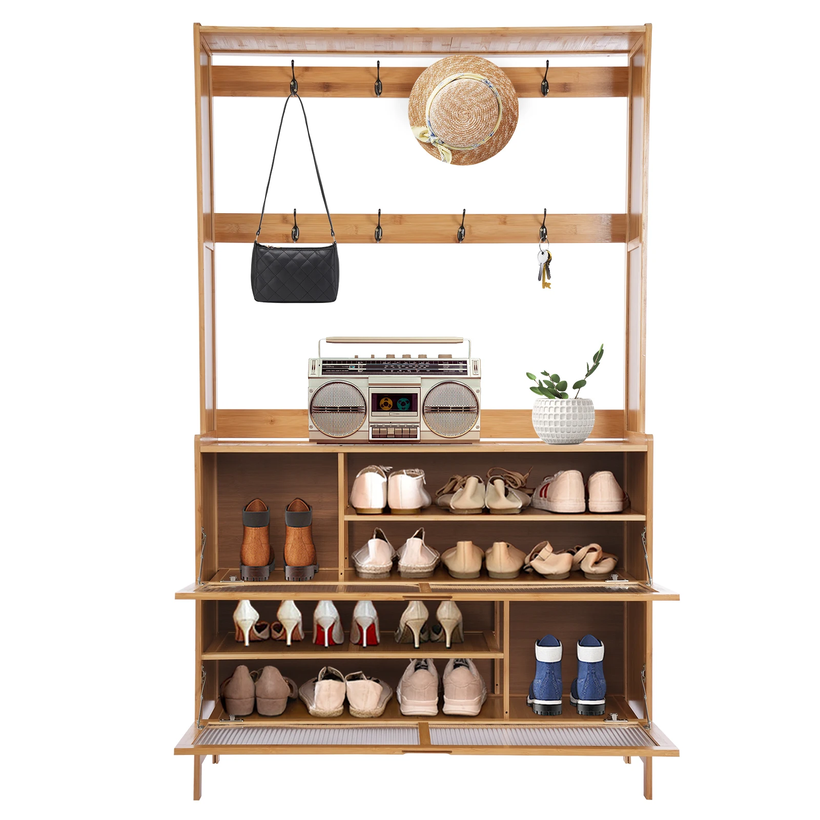 Деревянный шкаф для обуви, напольный органайзер для обуви, 4-уровневый шкаф для хранения обуви большой емкости с 8 крючками, входной шкаф, полка для обуви
Деревянный шкаф для обуви, напольный органайзер для обуви, 4-уровневый шкаф для хранения обуви большой емкости с 8 крючками, входной шкаф, полка для обуви