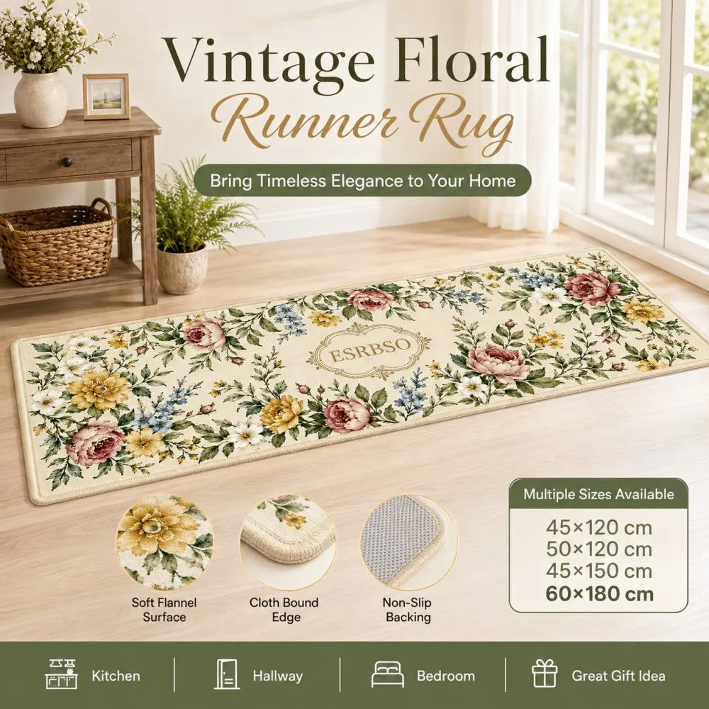 ESRBSO Vintage Floral Runner Rug Soft Flannel Long Kitchen Mat Cloth Edge Non Slip Hallway Bedroom Floor Carpet 45x120-60x180cm
ESRBSO Vintage Floral Runner Rug Soft Flannel Long Kitchen Mat Cloth Edge Non Slip Hallway Bedroom Floor Carpet 45x120-60x180cm