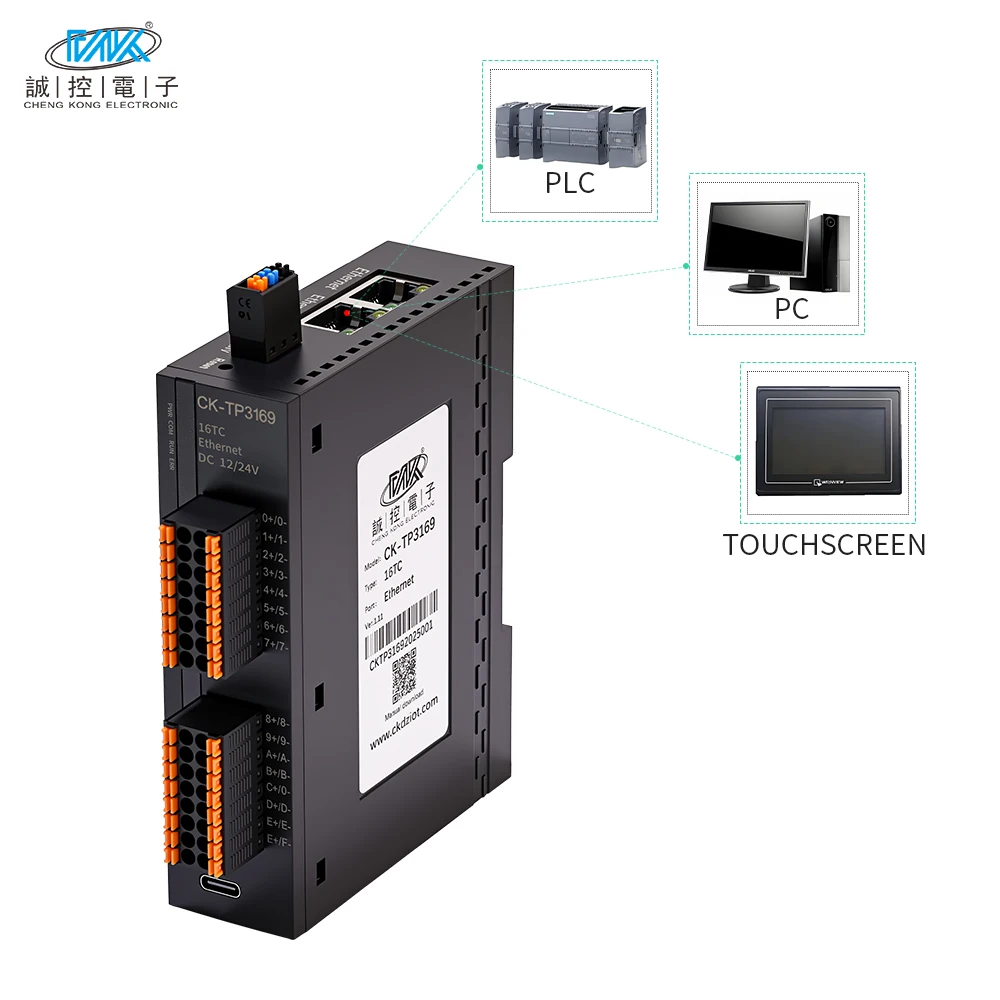 16-Channel Thermocouple Input Module Modbus TCP Ethernet K/T/J Isolation DIN Rail Mount CE RoHS Compliant