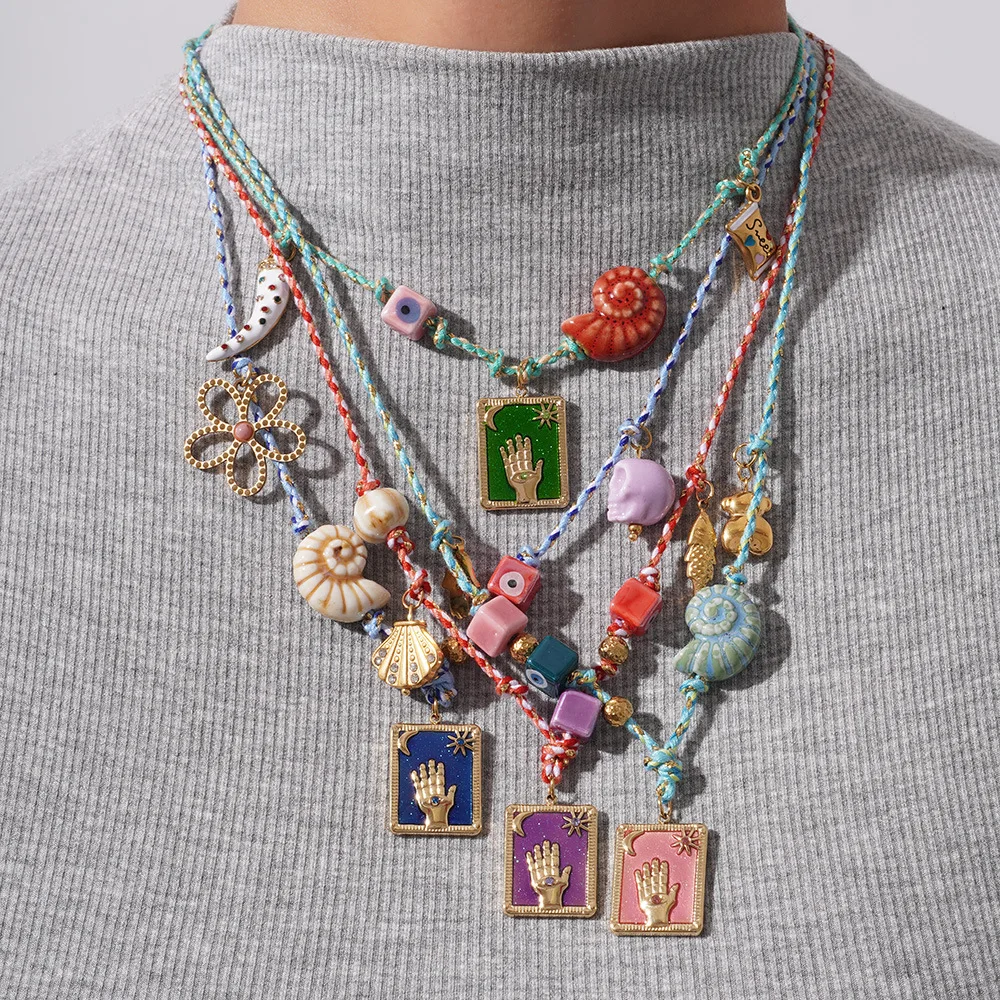 Braided Rope Necklace Stainless Steel Hamsa Hand Evil Eye Tarot Card Pendant Lampwork Glass Shell Charm Summer Beach Jewelry
Braided Rope Necklace Stainless Steel Hamsa Hand Evil Eye Tarot Card Pendant Lampwork Glass Shell Charm Summer Beach Jewelry