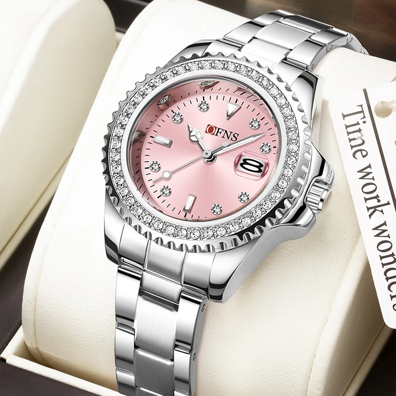 Популярные круглые кварцевые часы OFNS, деловые часы со стальным ремешком, с бриллиантовым кольцом, светящиеся, водонепроницаемые, женские часы
Популярные круглые кварцевые часы OFNS, деловые часы со стальным ремешком, с бриллиантовым кольцом, светящиеся, водонепроницаемые, женские часы