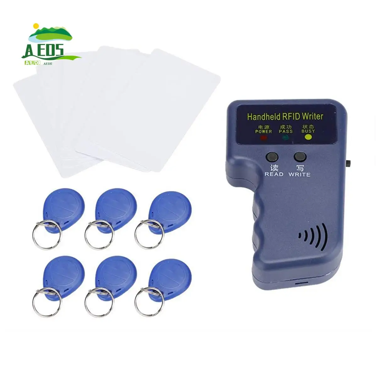 AED5-Handheld RFID Card Copier 125Khz ID (EM4100/HID/AWID) Duplicator Reader Writer With 6 Writable Keychain+6 Writable Card
AED5-Handheld RFID Card Copier 125Khz ID (EM4100/HID/AWID) Duplicator Reader Writer With 6 Writable Keychain+6 Writable Card