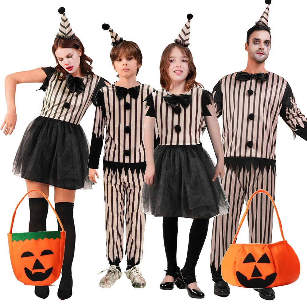 Halloween Clown Cosplay Costume Full Sets Stripe Uniform Suits for Adult Kids Outfit Carnival Party Performance Clothes Roleplay
Halloween Clown Cosplay Costume Full Sets Stripe Uniform Suits for Adult Kids Outfit Carnival Party Performance Clothes Roleplay
