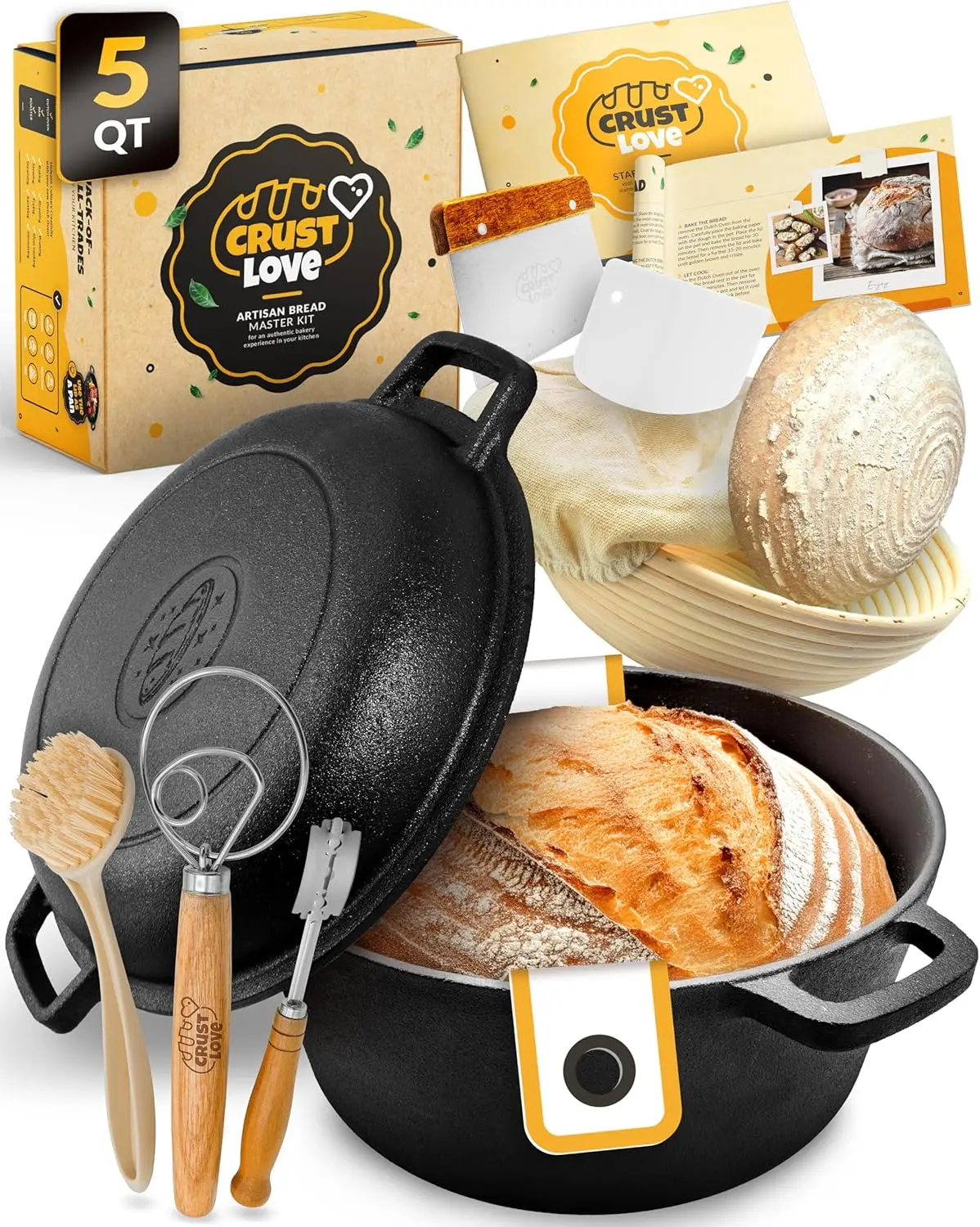 5QT Cast Iron Dutch Oven for Bread Baking - Includes Sourdough Supplies like Banneton Basket, Lid, and Tools
5QT Cast Iron Dutch Oven for Bread Baking - Includes Sourdough Supplies like Banneton Basket, Lid, and Tools