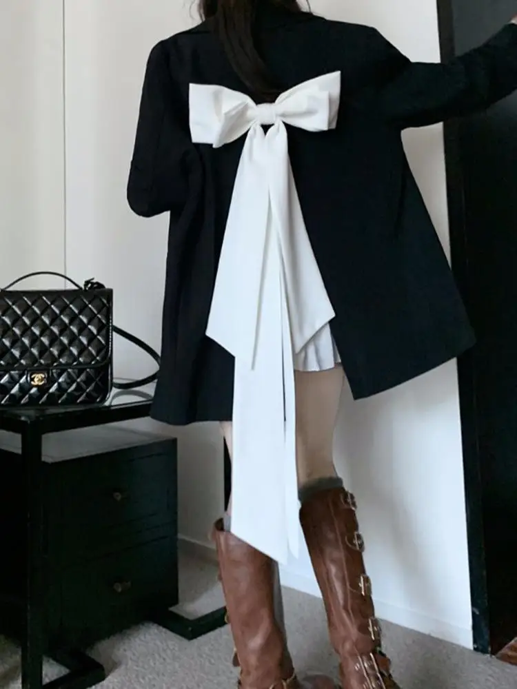White Bow Decoration Bow Black Suit Jacket Women's Autumn Loose Mid Long Solid Color Jacket Female Personalized Jacket
White Bow Decoration Bow Black Suit Jacket Women's Autumn Loose Mid Long Solid Color Jacket Female Personalized Jacket