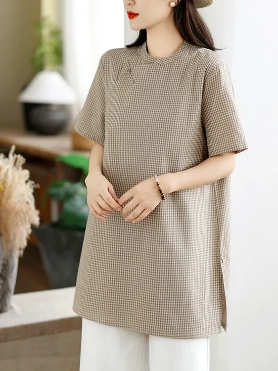 Chinese Style Large Size Women's Shirt Grid Color Woven Short Sleeve Stand Collar Midi Length Summer Top Versatile Commute Wear
Chinese Style Large Size Women's Shirt Grid Color Woven Short Sleeve Stand Collar Midi Length Summer Top Versatile Commute Wear