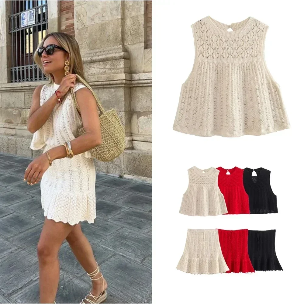 Women Knit Mesh Jacquard Skirts Sets Hollow Out O-neck Sleeveless Vest A-Line Short Skirts Two Piece Sets Female Summer Outfit
Women Knit Mesh Jacquard Skirts Sets Hollow Out O-neck Sleeveless Vest A-Line Short Skirts Two Piece Sets Female Summer Outfit