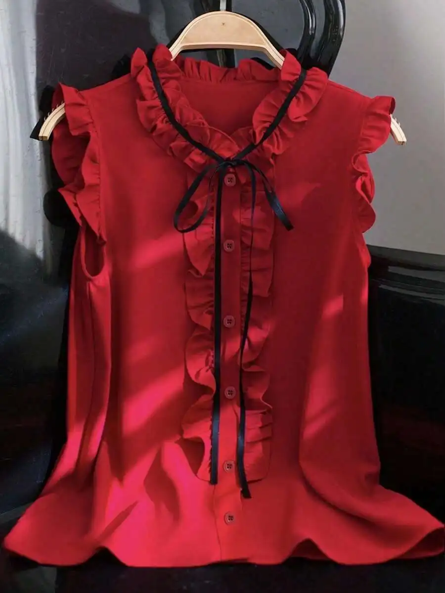 Red Sleeveless Ruffle Trim Blouse with Bow Detail, Casual Loose Fit Summer Top
Red Sleeveless Ruffle Trim Blouse with Bow Detail, Casual Loose Fit Summer Top