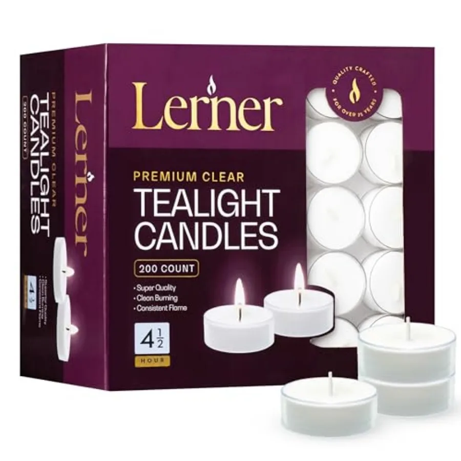 Lerner Clear Tea Lights Candles Bulk - 4.5 Hour Clear Cup Tealight 200 Pack - Consistent Smkless Clean Burning - Holiday, Weddi
Lerner Clear Tea Lights Candles Bulk - 4.5 Hour Clear Cup Tealight 200 Pack - Consistent Smkless Clean Burning - Holiday, Weddi