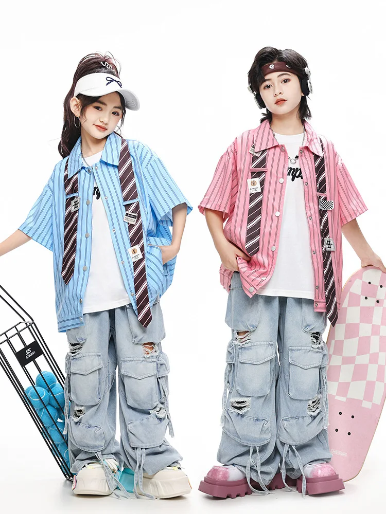 Kid Hip Hop Clothing Pink Blue Striped Shirt Distressed Casual Multi Pocket Demim Cargo Pants for Girl Boy Dance Costume Clothes
Kid Hip Hop Clothing Pink Blue Striped Shirt Distressed Casual Multi Pocket Demim Cargo Pants for Girl Boy Dance Costume Clothes
