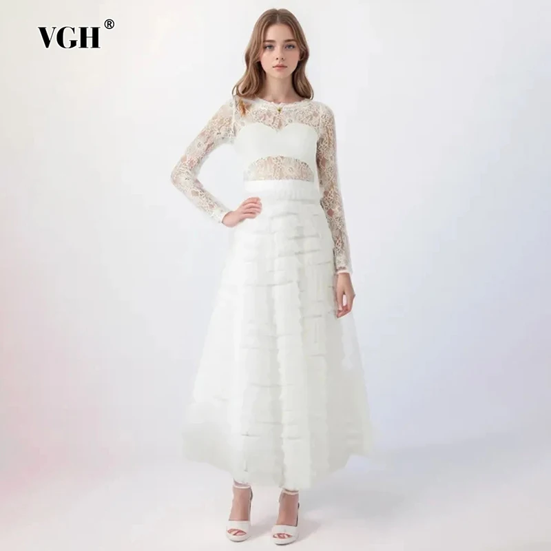 VGH Solid Patchwork Tierred Dresses For Women Round Neck Long Sleeve High Waist Spliced Lace Slimming Dress Female Fashion New
VGH Solid Patchwork Tierred Dresses For Women Round Neck Long Sleeve High Waist Spliced Lace Slimming Dress Female Fashion New