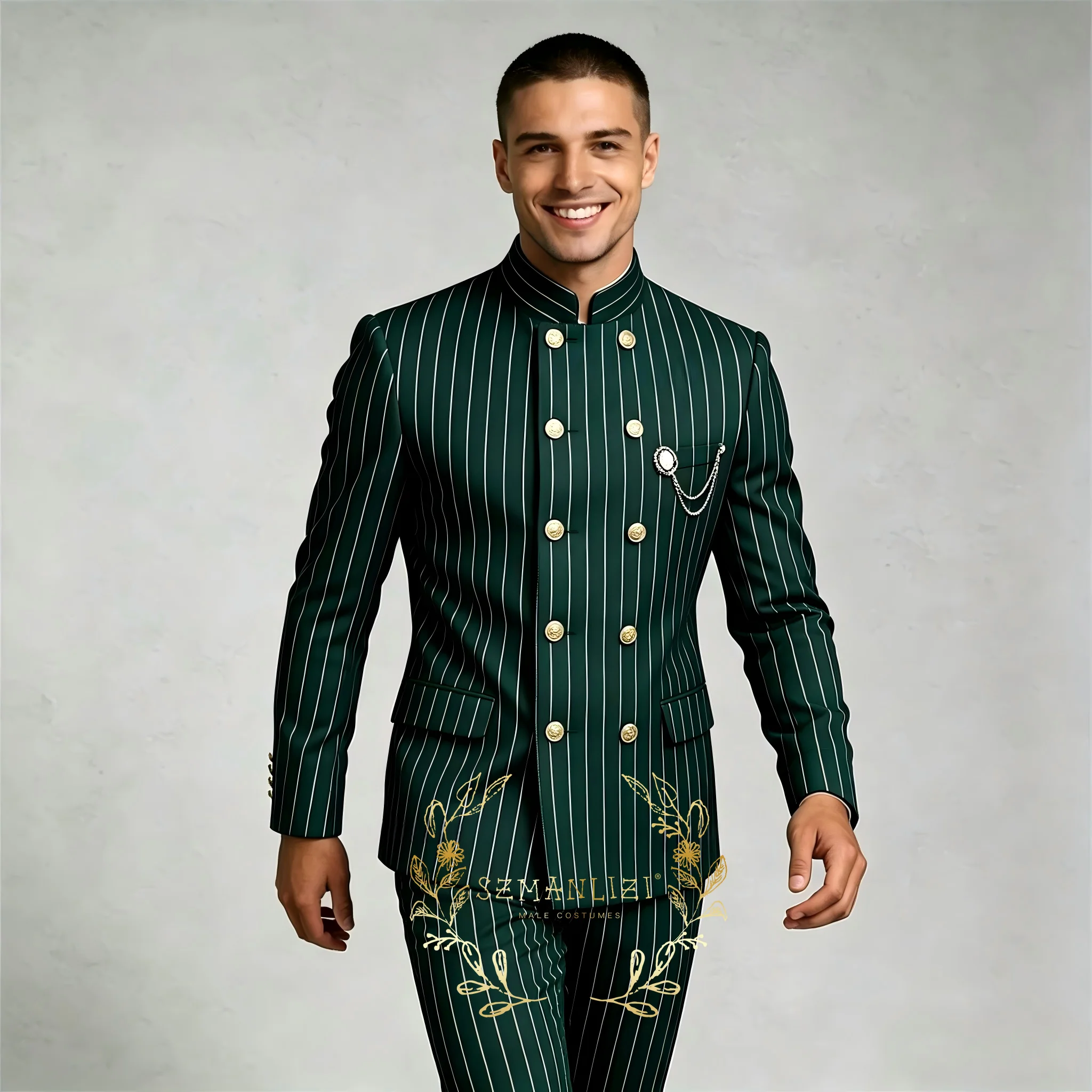 2 Pieces Elegant Formal Wedding Men Suits Dark Green Striped Double Breasted Stand Collar Jacket Pants Outfits Costume Homme
2 Pieces Elegant Formal Wedding Men Suits Dark Green Striped Double Breasted Stand Collar Jacket Pants Outfits Costume Homme