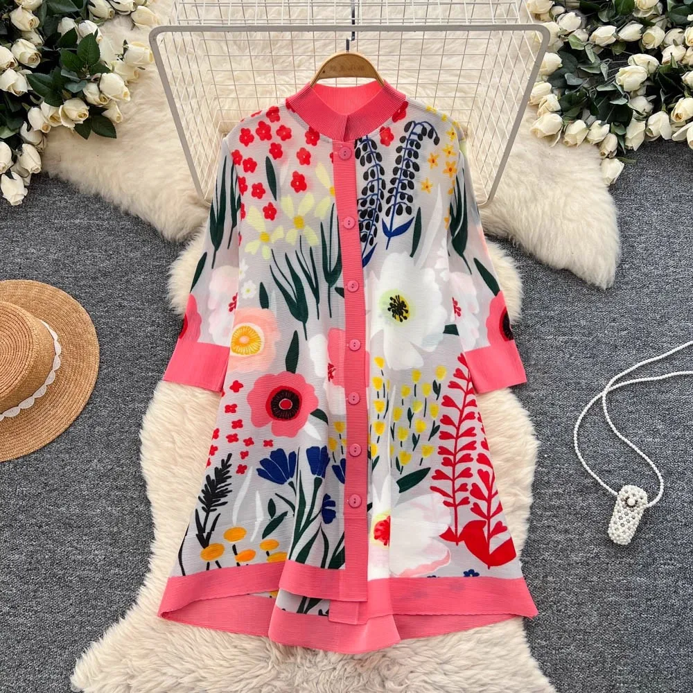 Miyake Pleated Drape Dress Women 2025 Spring Summer Floral Printing 3/4 Sleeve Single-breasted Fashion Shirt Dresses
Miyake Pleated Drape Dress Women 2025 Spring Summer Floral Printing 3/4 Sleeve Single-breasted Fashion Shirt Dresses