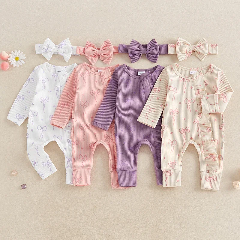 Infant Baby Girl Outfit Bow Print Long Sleeve Ruffled Zipper Front Ribbed Jumpsuit Bow Headband Newborn Clothes
Infant Baby Girl Outfit Bow Print Long Sleeve Ruffled Zipper Front Ribbed Jumpsuit Bow Headband Newborn Clothes