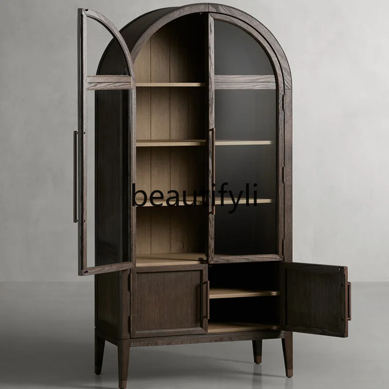 American Country Style Solid Wood Bookcase with Doors, French Retro Black Glass Door Storage Sideboard, Arched Design
American Country Style Solid Wood Bookcase with Doors, French Retro Black Glass Door Storage Sideboard, Arched Design