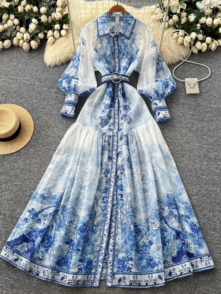 Vintage Palace Style Blue and White Porcelain Printed Dress Women Spring Waist Fitted Slim A Line Dress Elegant Dress Woman
Vintage Palace Style Blue and White Porcelain Printed Dress Women Spring Waist Fitted Slim A Line Dress Elegant Dress Woman